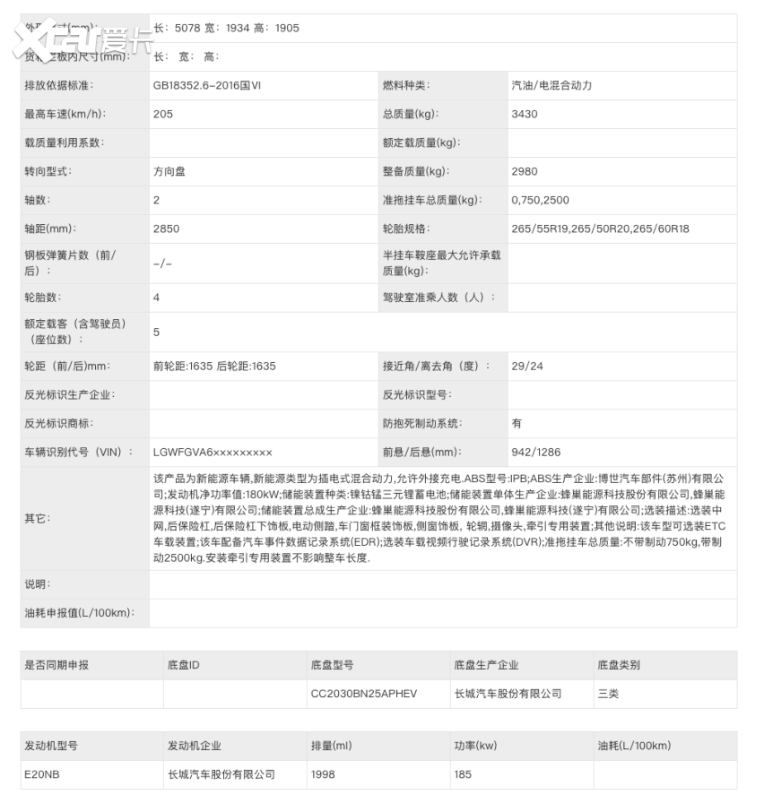 坦克500 Hi4-Z申报图曝光，纯电续航增加到201km