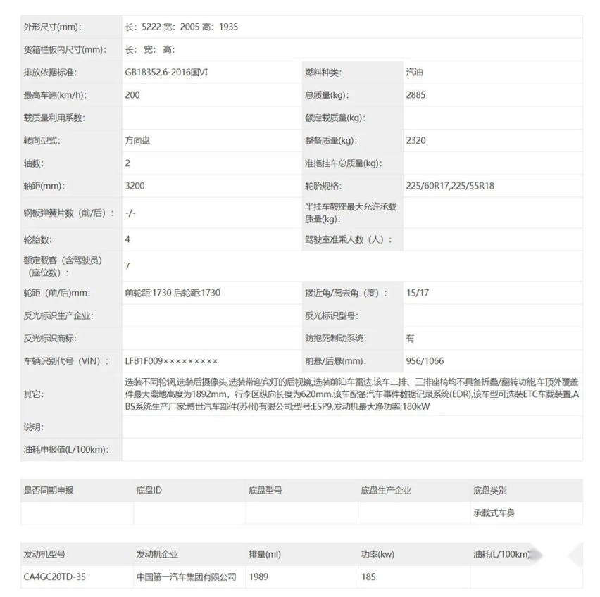 红旗MPV参数曝光 轴距3.2米 首次申报只有2.0T