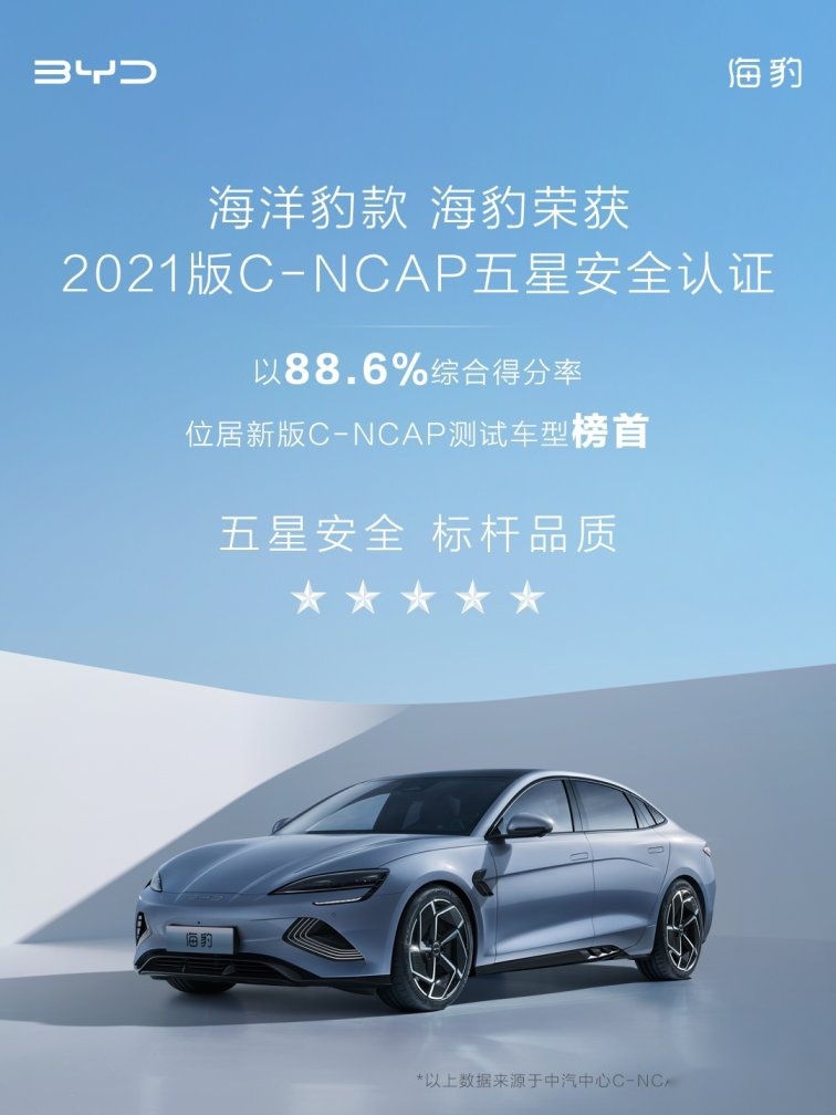 比亚迪海豹荣膺C-NCAP五星安全评价，e平台3.0集大成之作实力背书