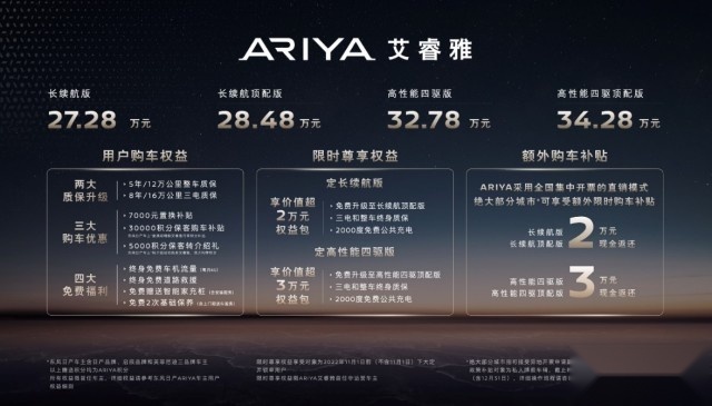 27.28万元-34.28万元，ARIYA艾睿雅“为爱加电”告白上市