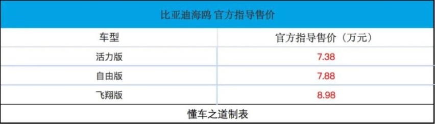 比亚迪海鸥售7.38万起，标配快充+4气囊