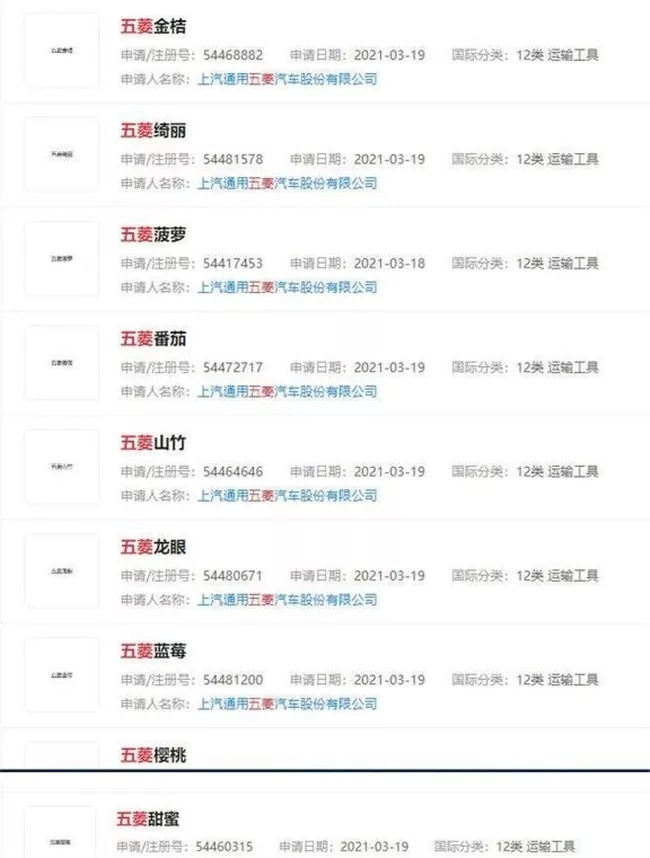 上汽通用五菱注册水果系商标 花式起名终于落到神车头上？