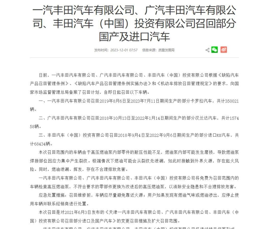 刚进入12月份，丰田就宣布召回101万余台车辆，发生了啥？
