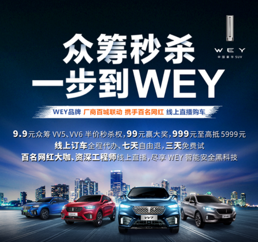 WEY品牌百城联动直播抢车，一步到WEY让利团购