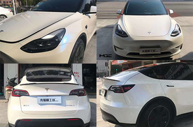 MODEL Y珍珠白变蓝改色 特斯拉轮毂亮黑喷红标
