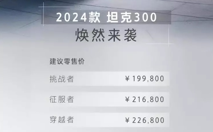 19.98万起 2024款坦克300上市 配置微调／增2.0T轻混＋9
