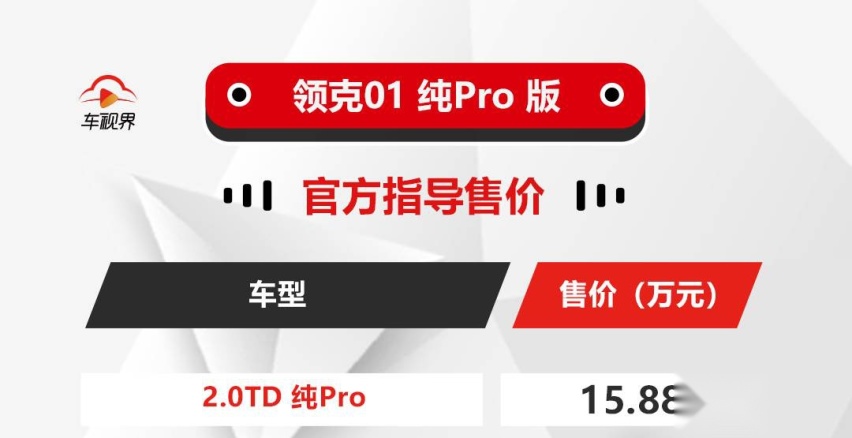 配置提升超多，领克01纯Pro版上市售15.88万元