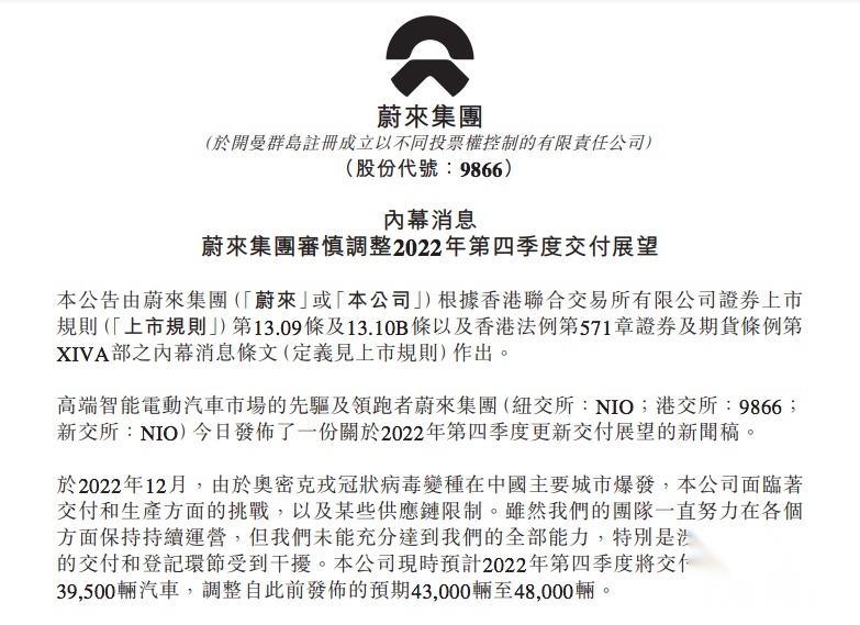 蔚来遭遇产能危机？第四季度交付指引下调10%-18%