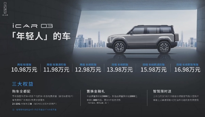 奇瑞iCAR 03正式上市 售价10.98-16.98万元