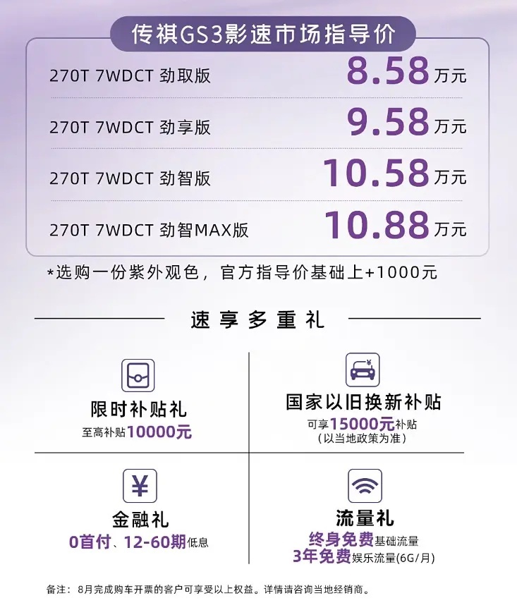 10.88万！传祺GS3·影速新车型上市，配置提升/新增紫色车漆