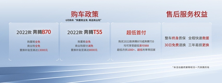 售价8.59万元起，一汽奔腾2022款B70和T55正式上市