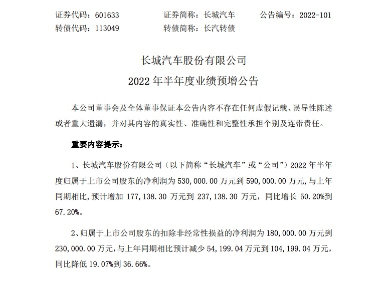 净利润同比大增，长城/长安/比亚迪提前披露2022半年度业绩预告