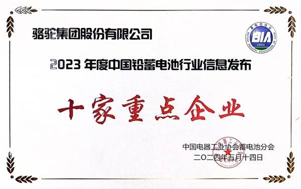 骆驼蓄电池荣膺2023年度中国铅蓄电池“十家重点企业”！