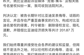 法院裁定：“龙猪-集车”自媒体因诋毁比亚迪被判赔201.87万元