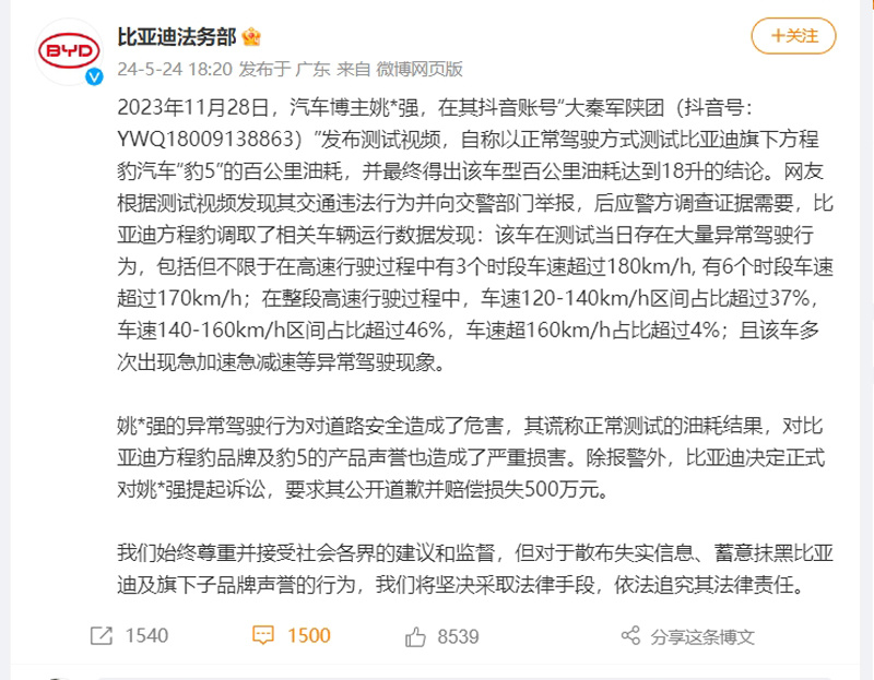 自媒体人称方程豹“豹5”百公里油耗18升被起诉赔偿损失500万