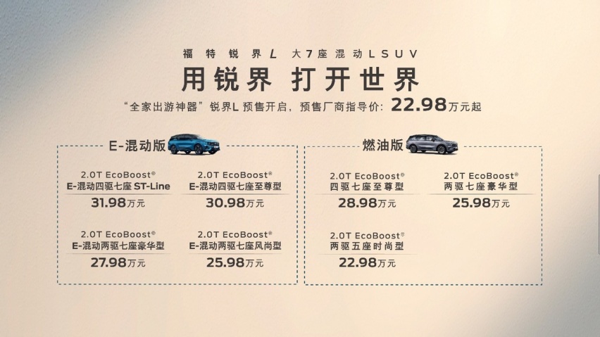 全新福特锐界L开启预售，混动时代，售价22.98万元起