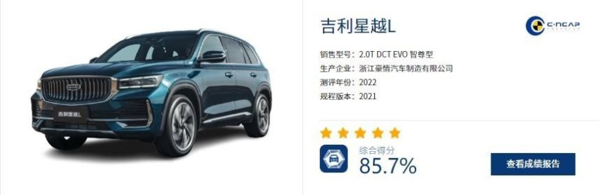 吉利星越L碰撞成绩 综合85.7% C-NCAP五星级标准
