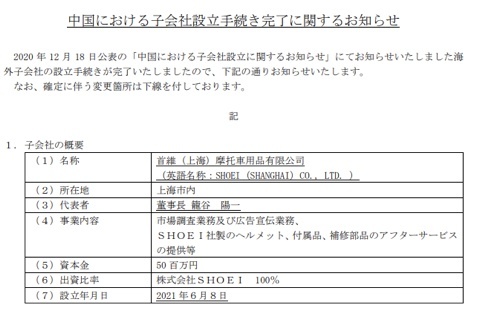 SHOEI进军国内市场，成立上海分公司