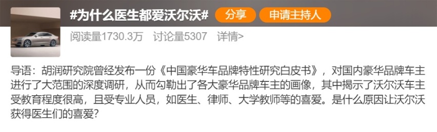 中国豪华车品牌特性研究白皮书显示：医生普遍偏爱沃尔沃汽车