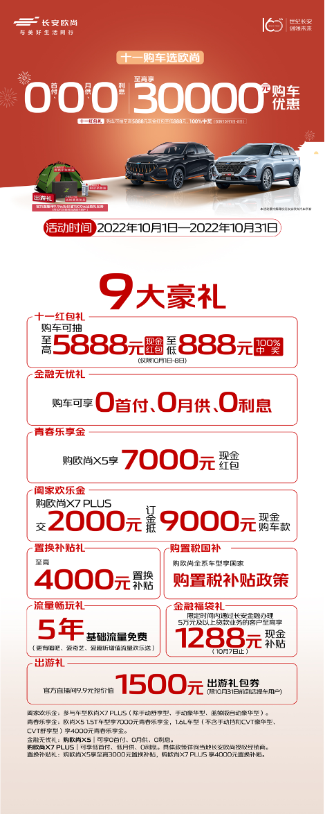 十一购车选欧尚，0首付、0月供、0利息，心动好车轻松入手！