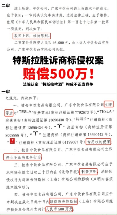 “特斯拉啤酒”商标侵权  特斯拉胜诉获赔500万元！