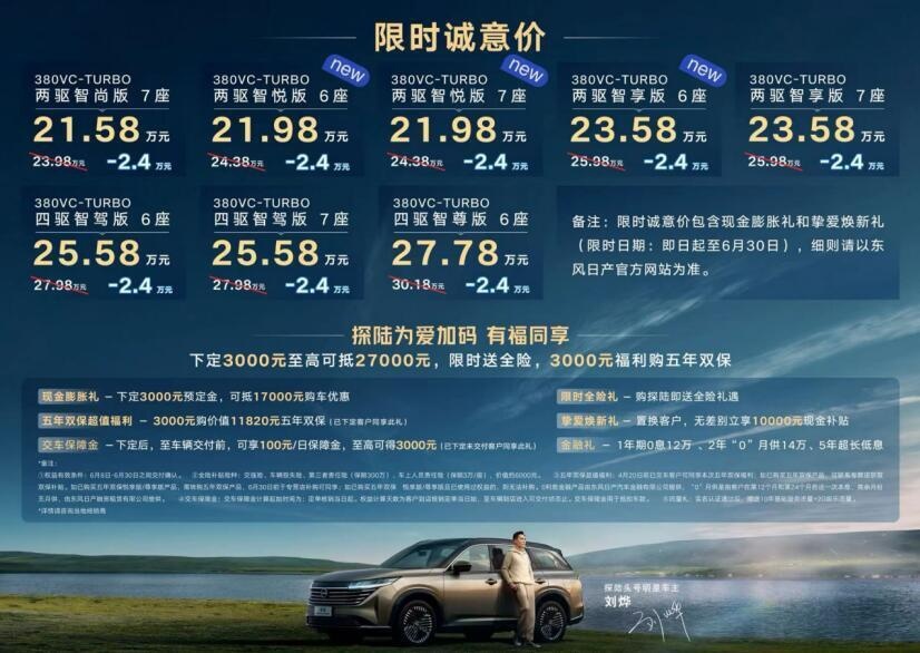 限时诚意价21.98万起，东风日产探陆两驱6座新级别上市