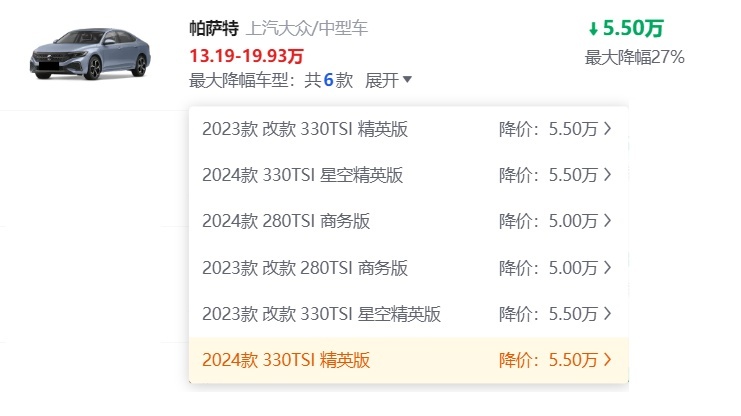 燃油车底价揭秘·德系篇：迈腾优惠4.41万元，帕萨特可达到5.5万元