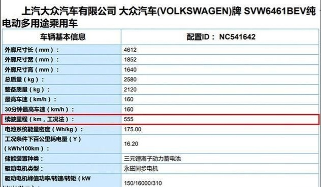 上汽大众ID.4 X续航曝光，工况下续航可达555km！