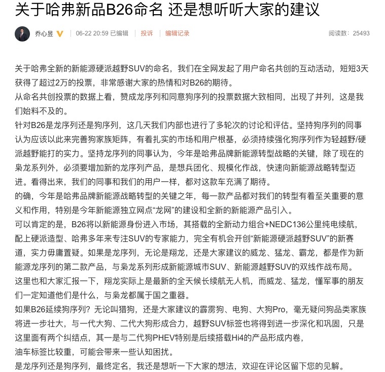 长城哈弗新车B26，是“龙”是“狗”？