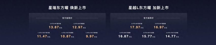 吉利中国星东方曜上市，星瑞系9.97万起，星越L系14.77万起