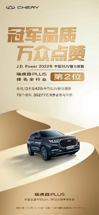J.D. Power榜单出炉 瑞虎8 PLUS产品魅力指数斩获亚军