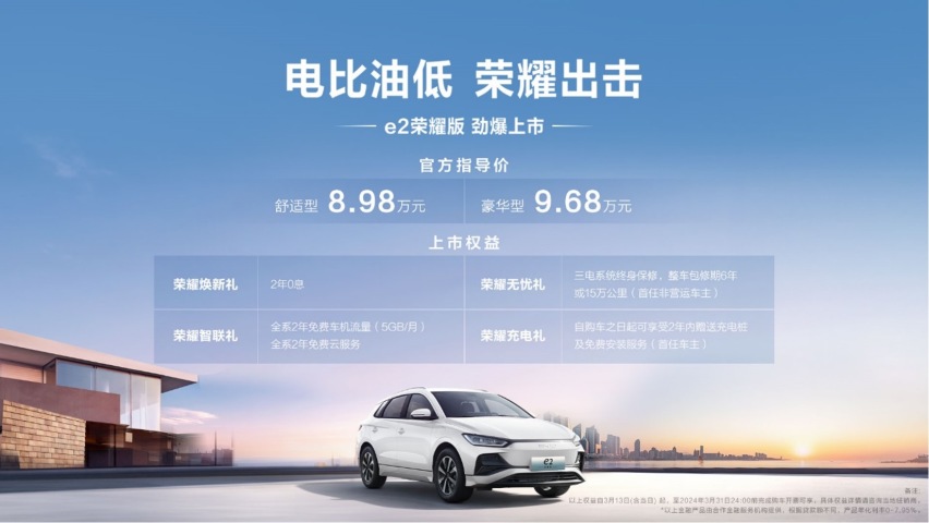 比亚迪e2荣耀版正式上市，8.98万元起售
