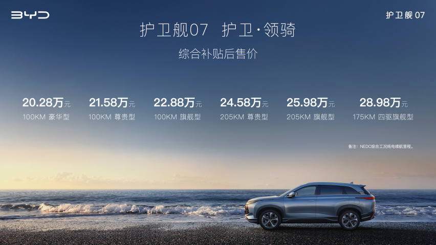 ​比亚迪护卫舰07上市，综合补贴后售价20.28万元-28.98万元