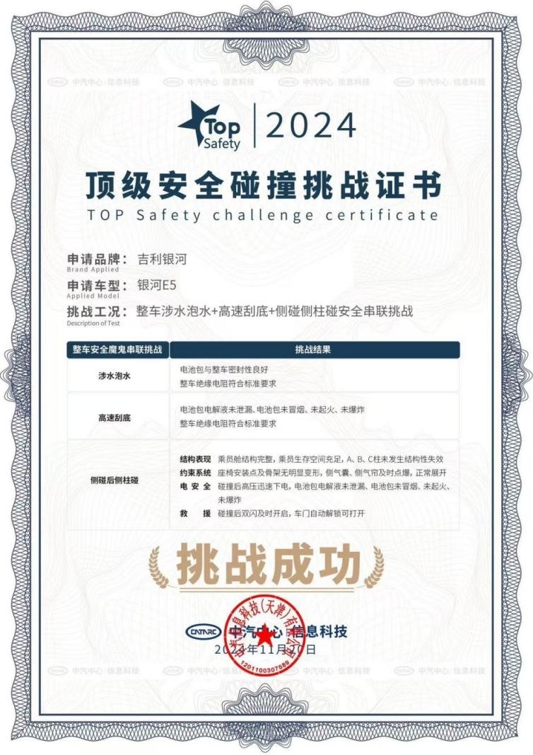 吉利银河E5 通过中汽中心行业首次超国标“整车安全魔鬼串联试炼”
