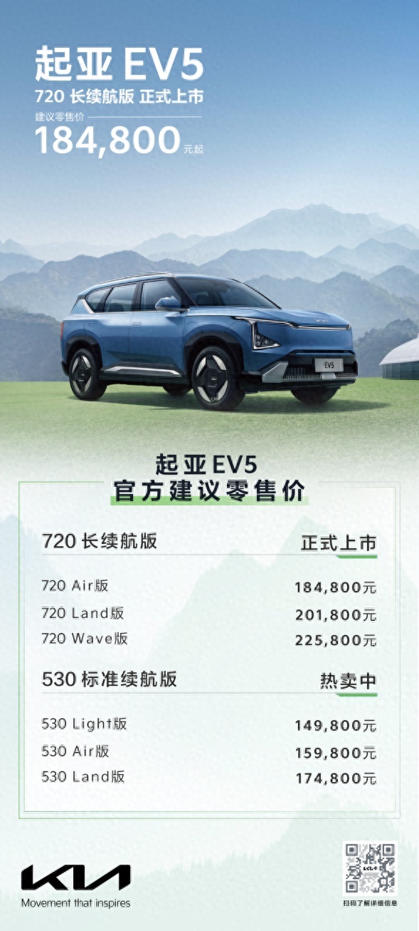 续航720km，起亚EV5长续航版18.48万元起售