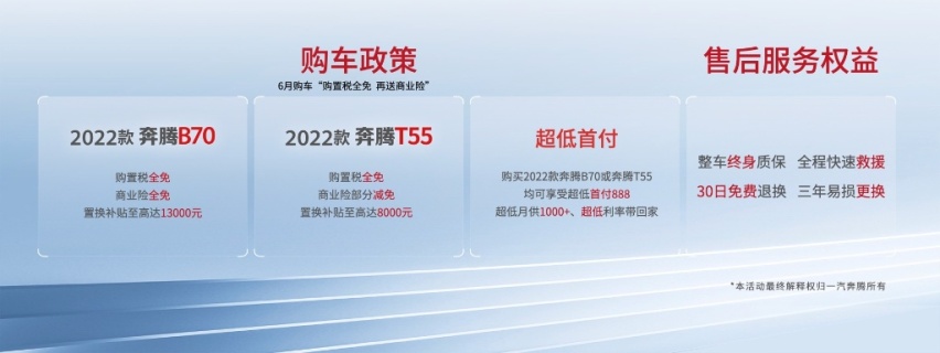 一汽奔腾2022款B70/T55共同上市 购车福利超多