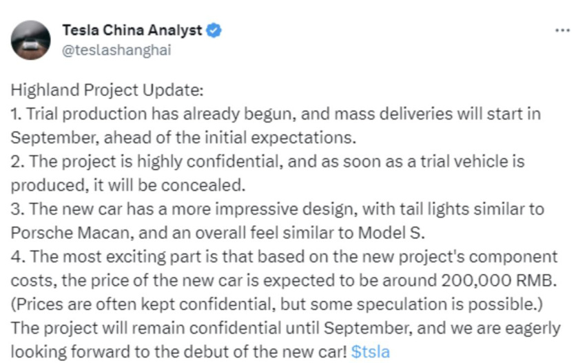 或20万元起售 特斯拉新款Model 3将于9月上市
