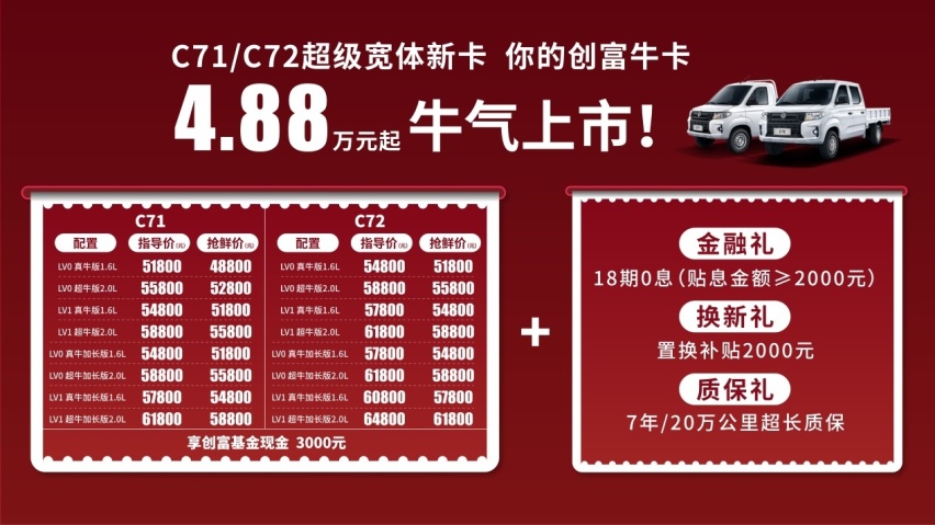2.0L发动机,货箱9426L,东风小康微卡4.88万起售