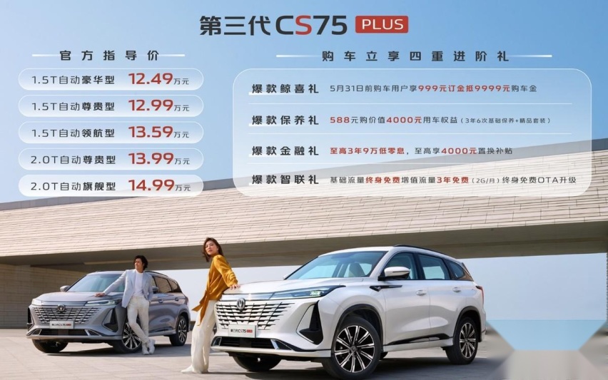 第三代长安CS75PLUS上市了，12.49万起售，全系搭载爱信8AT