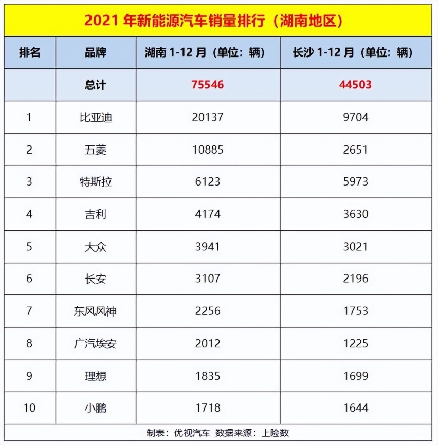 2021湖南新能源销量TOP10，理想仅第9、大众第5