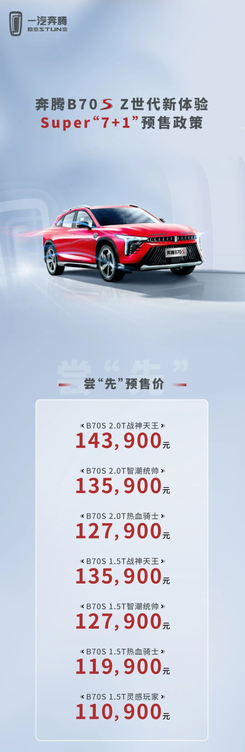 溜背轿跑SUV 奔腾B70S开启预售 11.09万元起