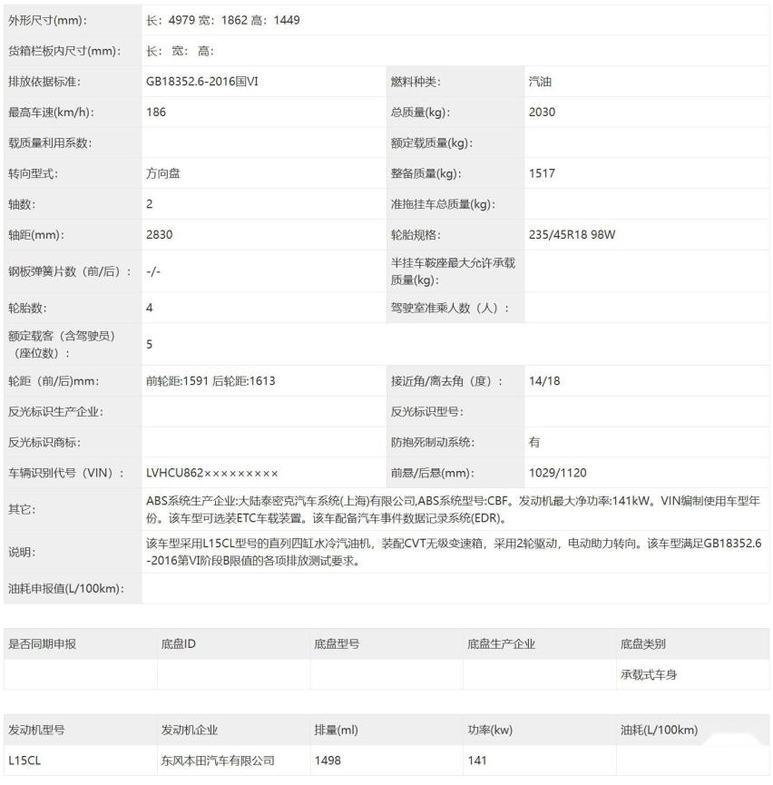 配直瀑式格栅 东风本田全新英仕派申报信息曝光 还是1.5T发动机