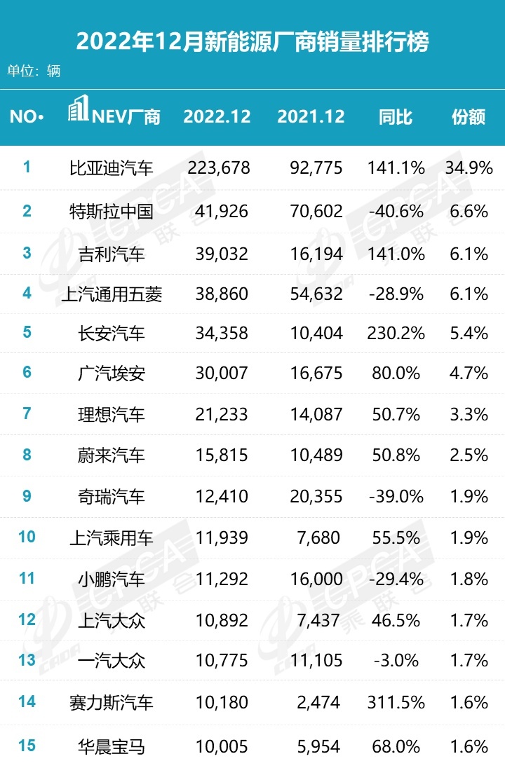 年度新能源车型销量榜单出炉！自主霸榜，豪华与合资太没存在感了