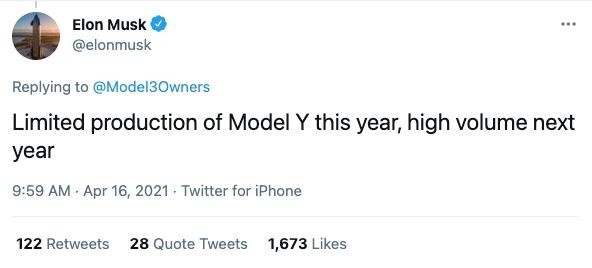 马斯克：特斯拉Model Y今年产量有限 明年会大规模量产
