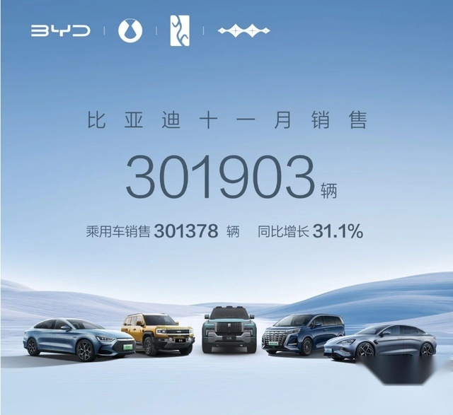 继10月销量超30万辆，比亚迪11月份销量再创新高