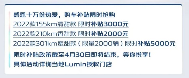 长安Lumin推出至高5000元限时补贴