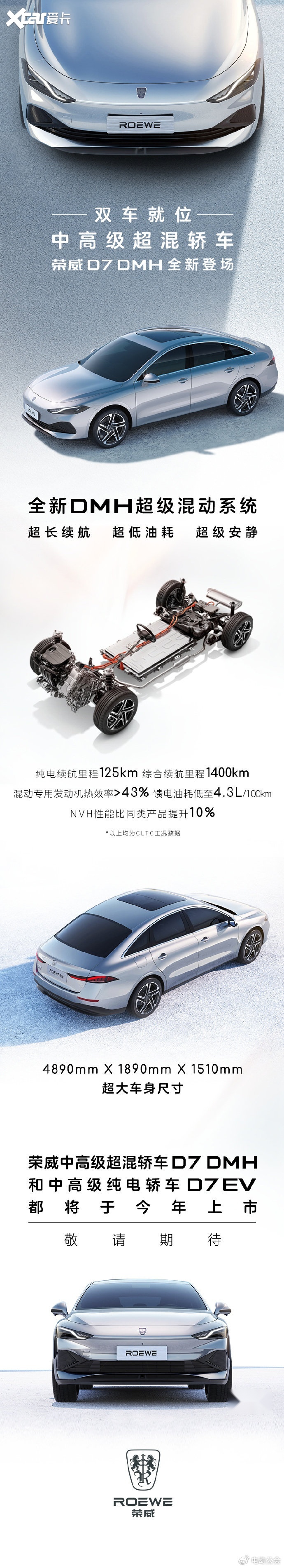上汽荣威 D7 DMH 混动版车型官图发布，综合续航可达 1400km