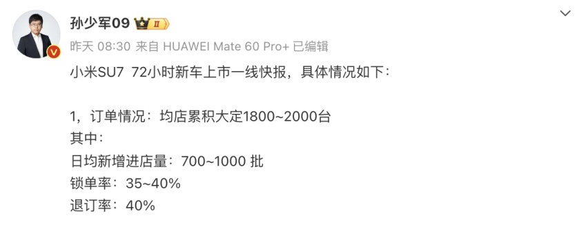 小米SU7退订率40%，友商真该感谢雷军