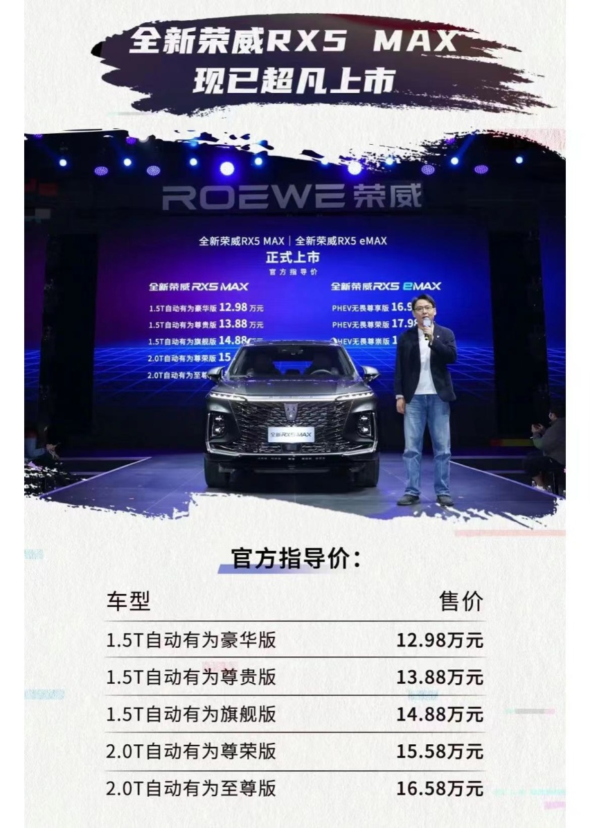 12.98万元起，2.0T+8AT动力可选，荣威RX5 MAX正式上市