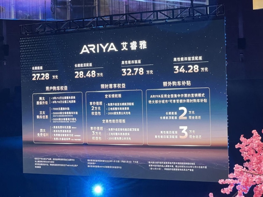 27.28万起，可享限时现金补贴，东风日产ARIYA正式上市，值得买？